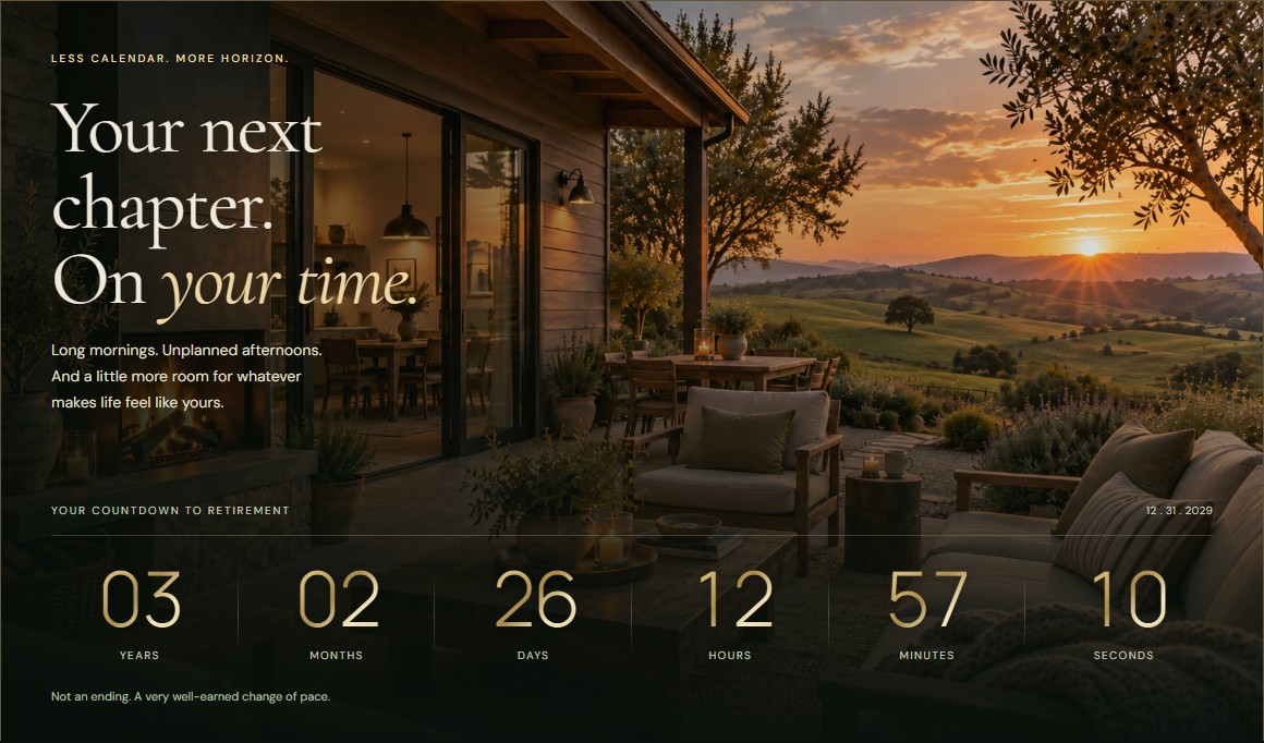 A sunset terrace and six-part retirement countdown, shown only as a static preview.